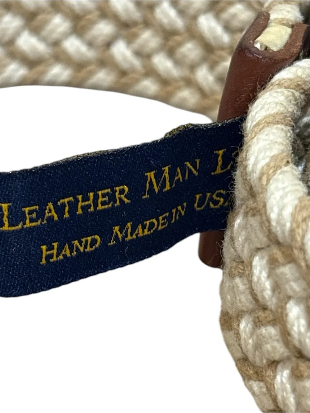 Leather Man Ltd. Braided Belt Mens L Handmade Tan Canvas Leather Preppy